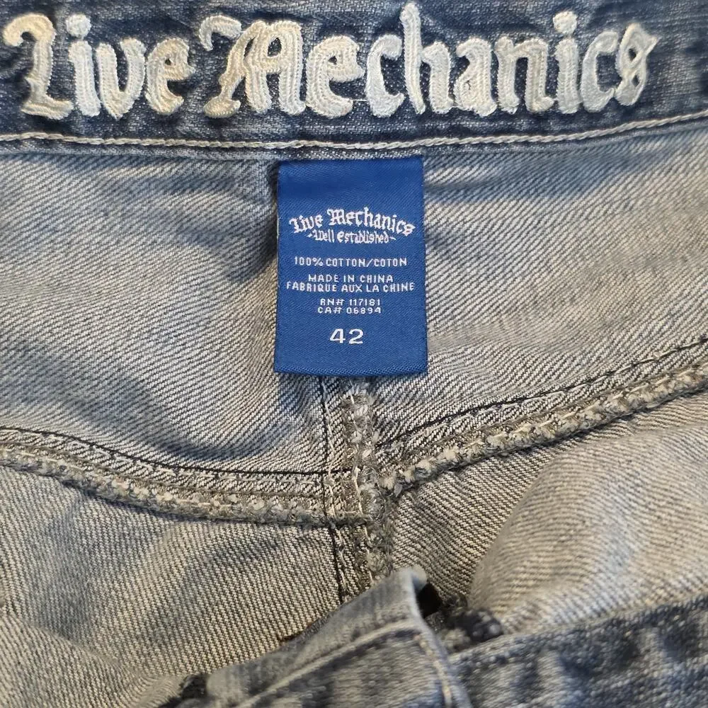 Live Mechanics Baggy Jean Shorts Jorts 42 Y2K Skater 90s Denim Embroidered